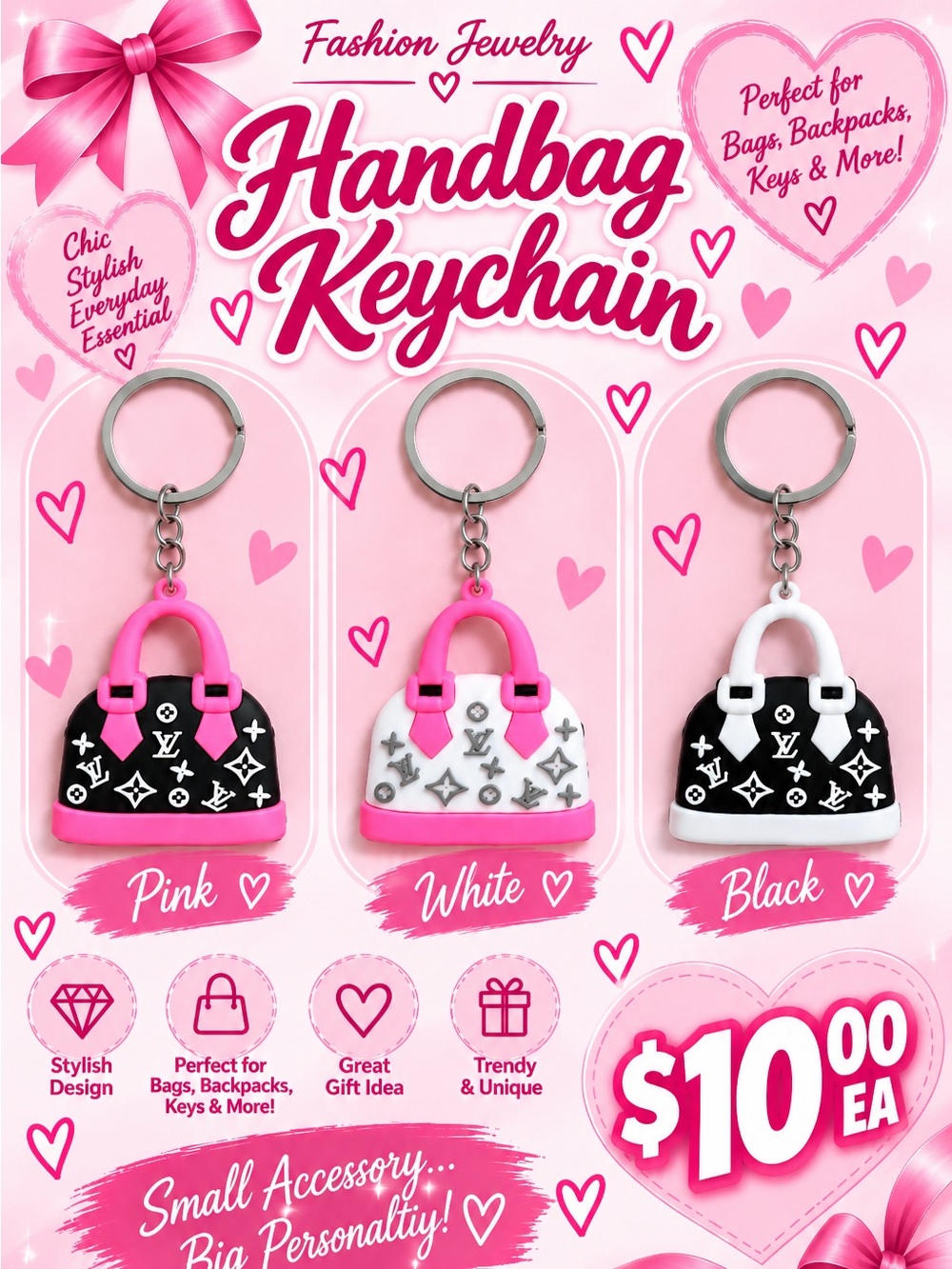Handbag Keychain Charm - Pink, White, Black